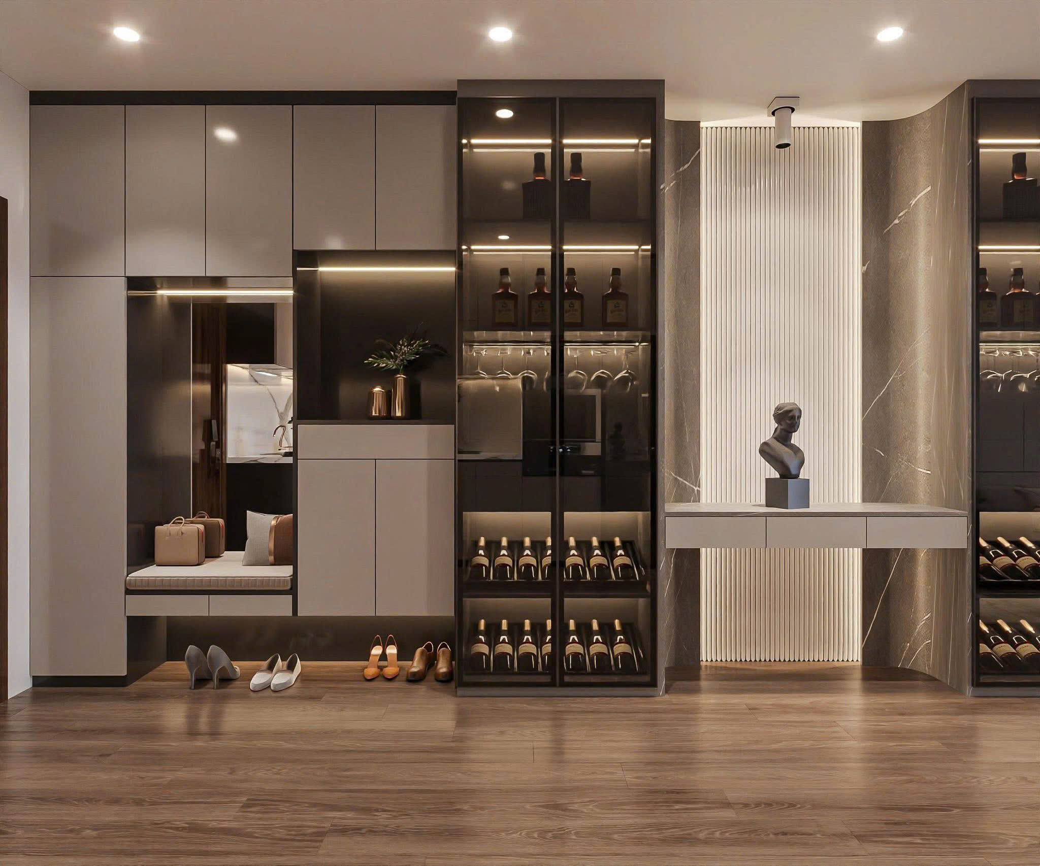 Thiết kế tủ trang trí và tủ rượu tone be xám