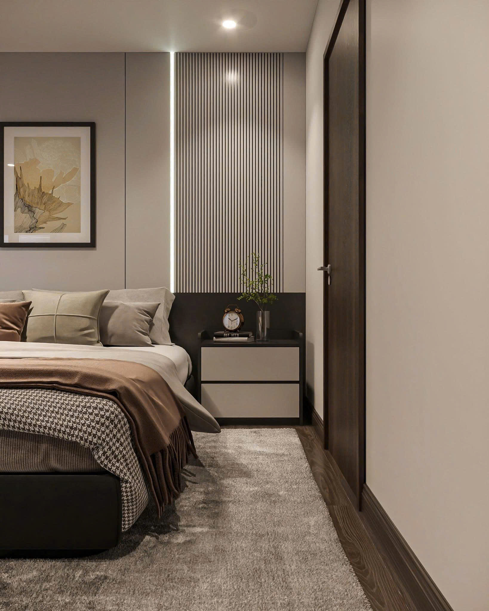 Mảng đầu giường kết hợp lam trang trí tone trung tính