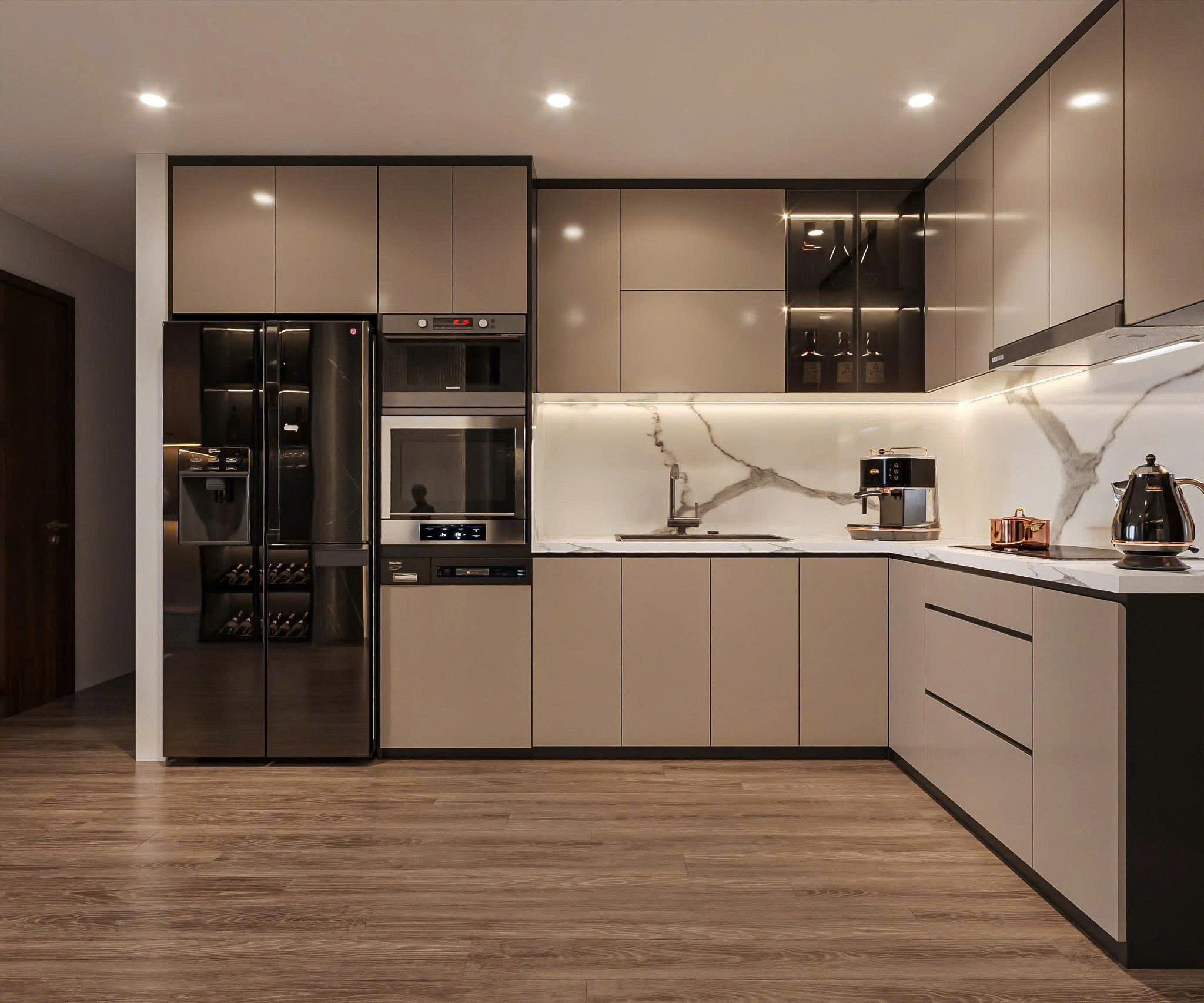 Khu bếp tone be nâu gỗ nhẹ