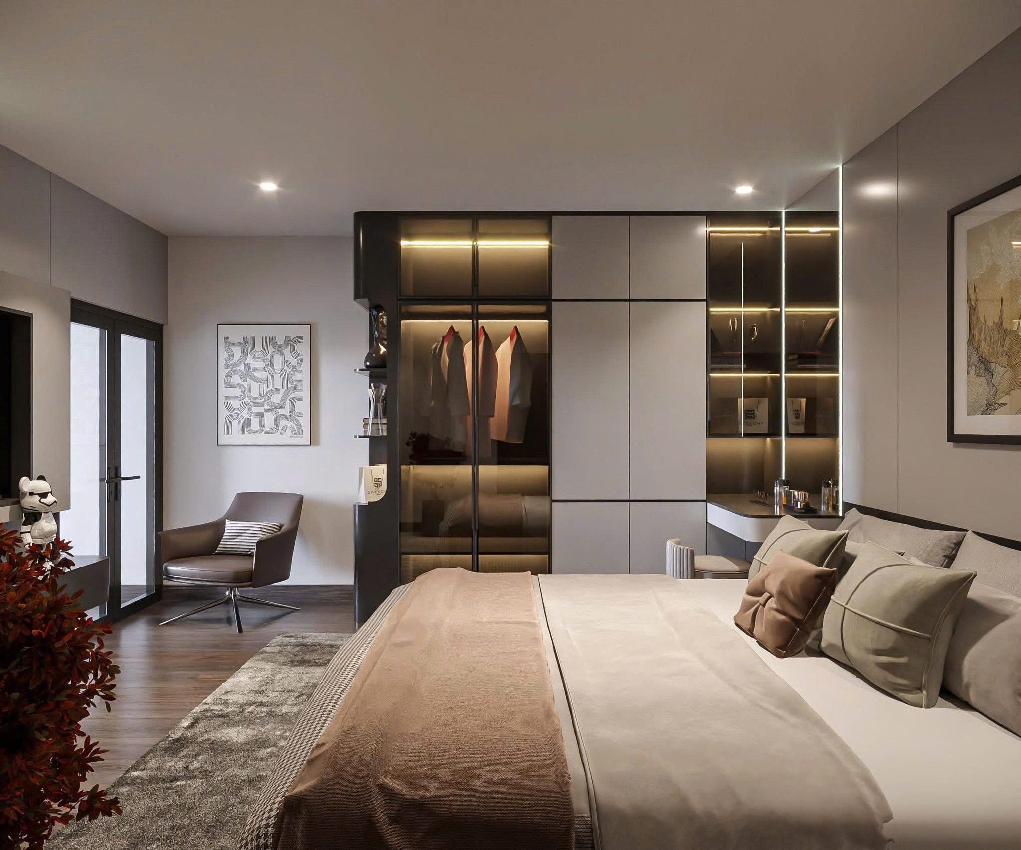 Phòng ngủ master tông xám be và nâu gỗ