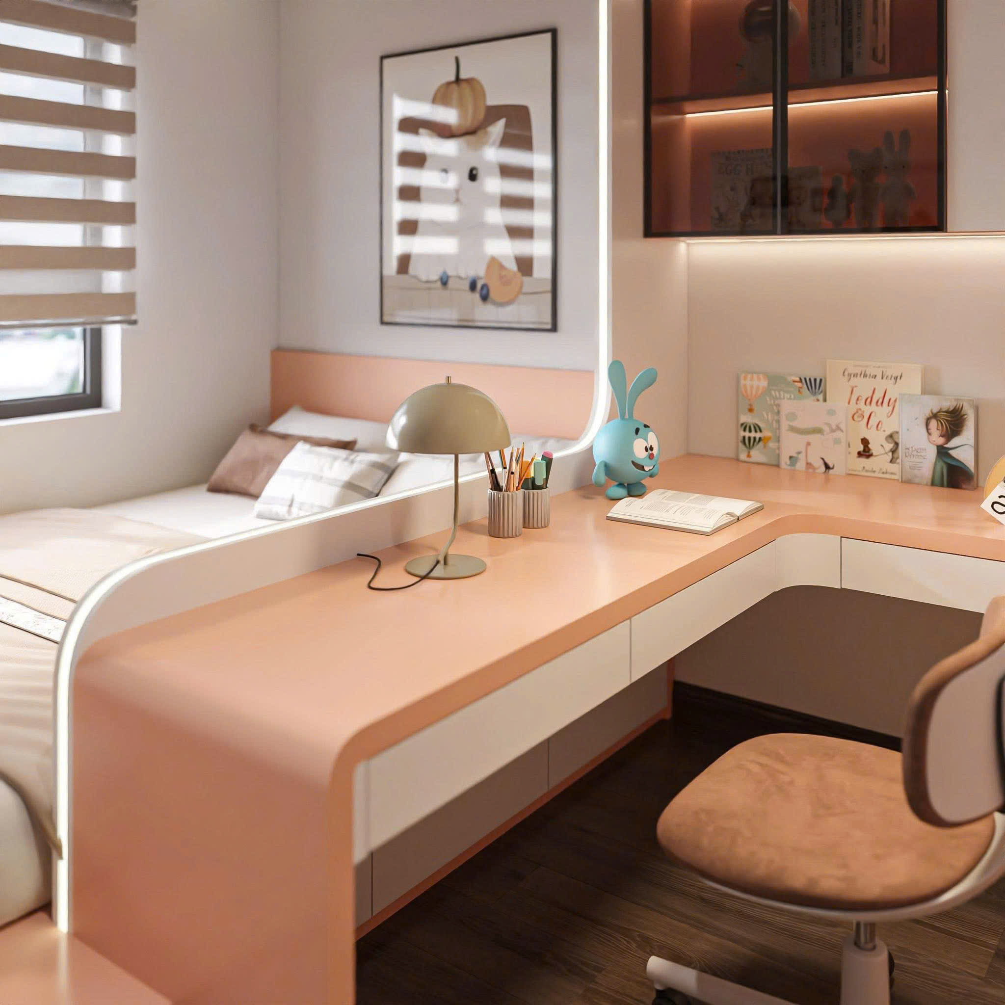 Bàn học liền giường tone hồng be