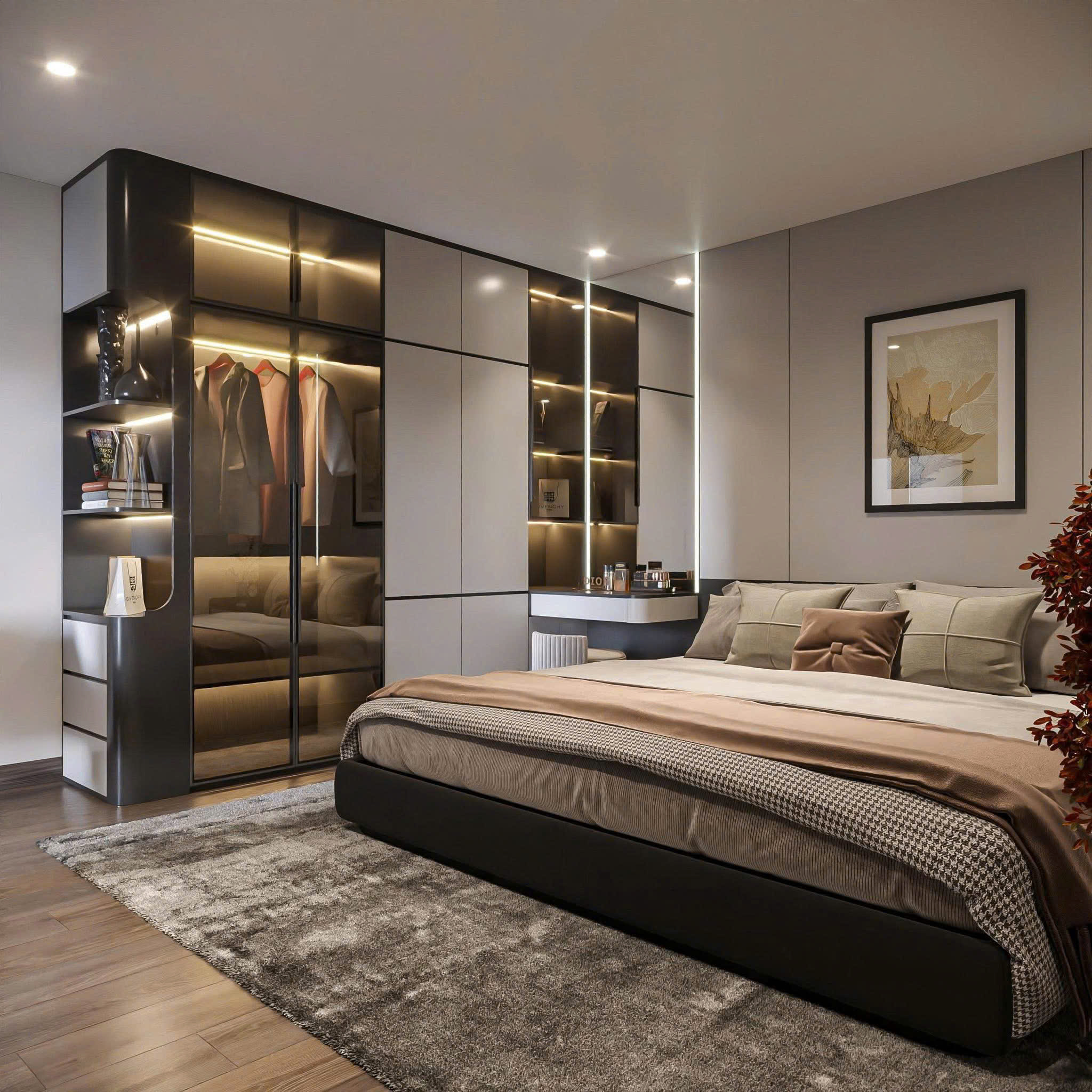 Phòng ngủ tone trung tính với tủ kính chiếu sáng