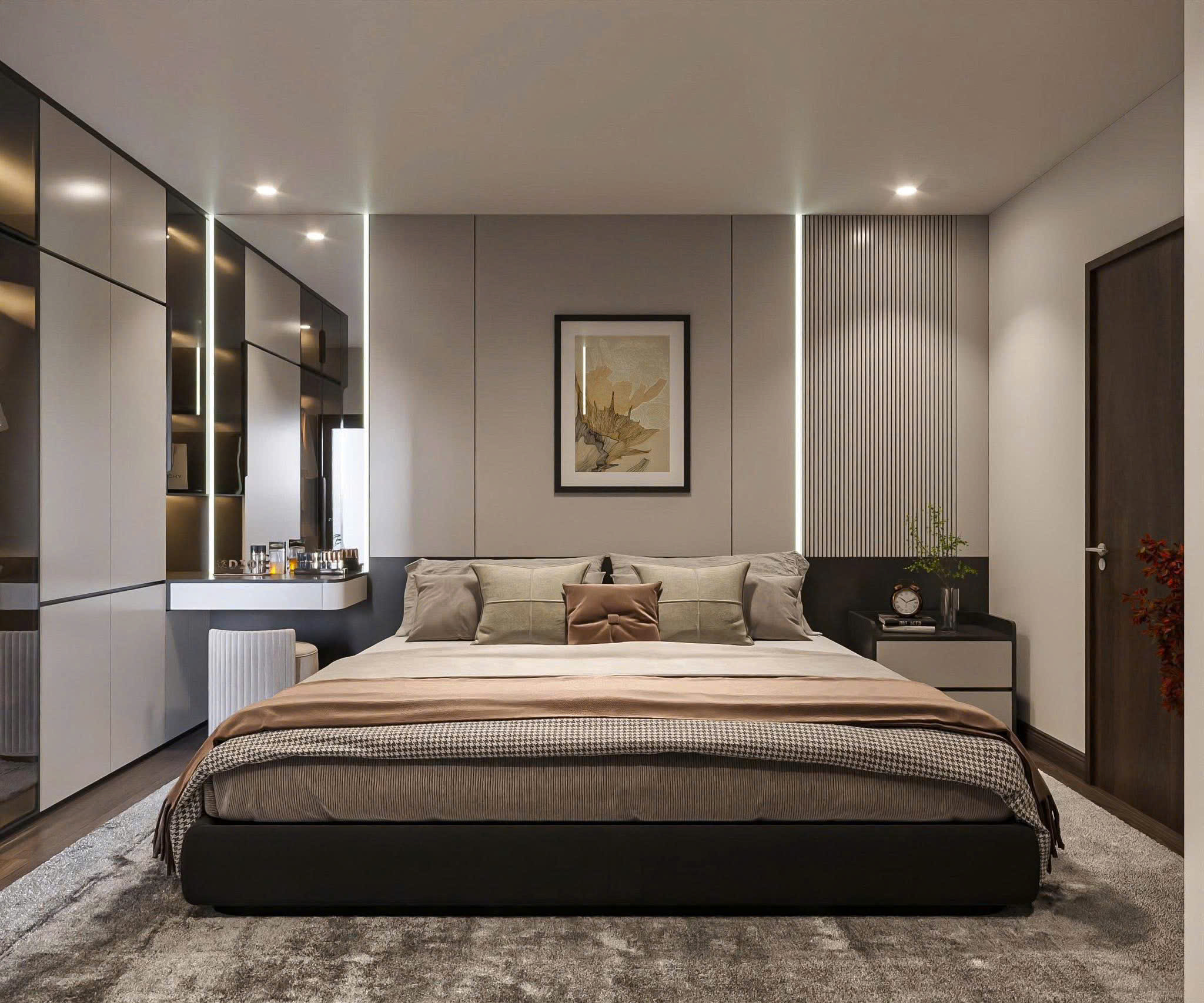 Phòng ngủ chính phối tone be xám