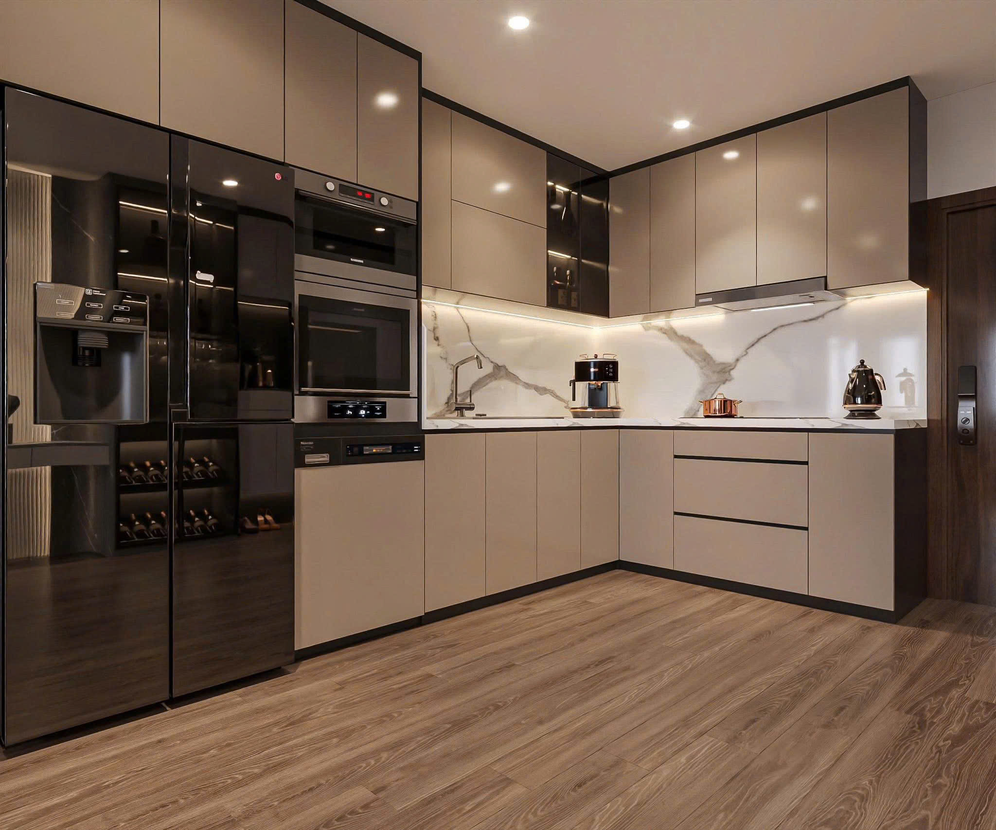 Bếp căn hộ tone nâu be vân đá