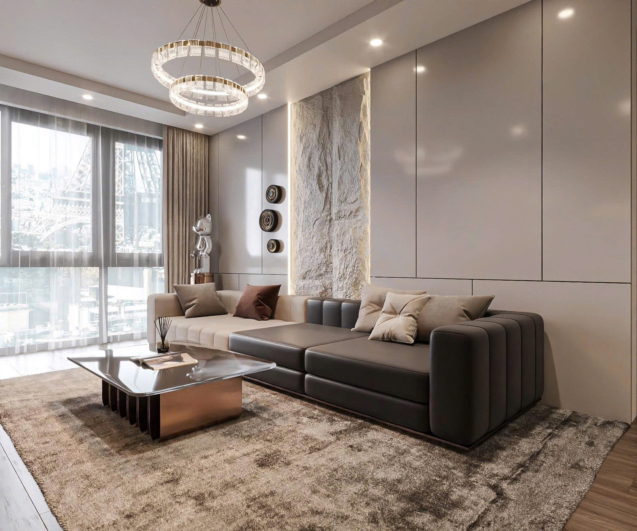 Phòng khách căn hộ với sofa xám nâu