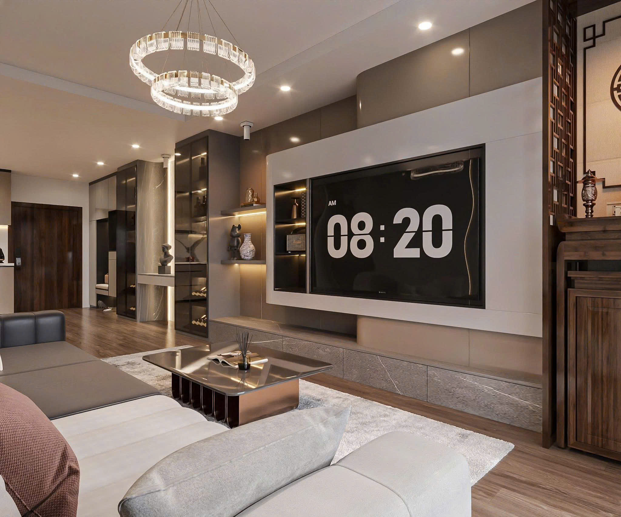 Mảng tivi phòng khách kết hợp hệ đèn