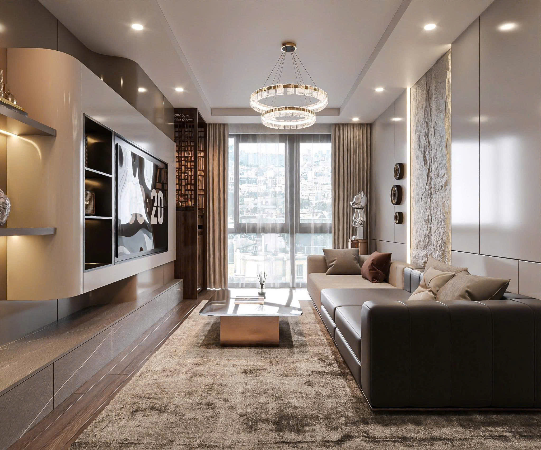 Phòng khách nhìn chính diện theo tone be xám