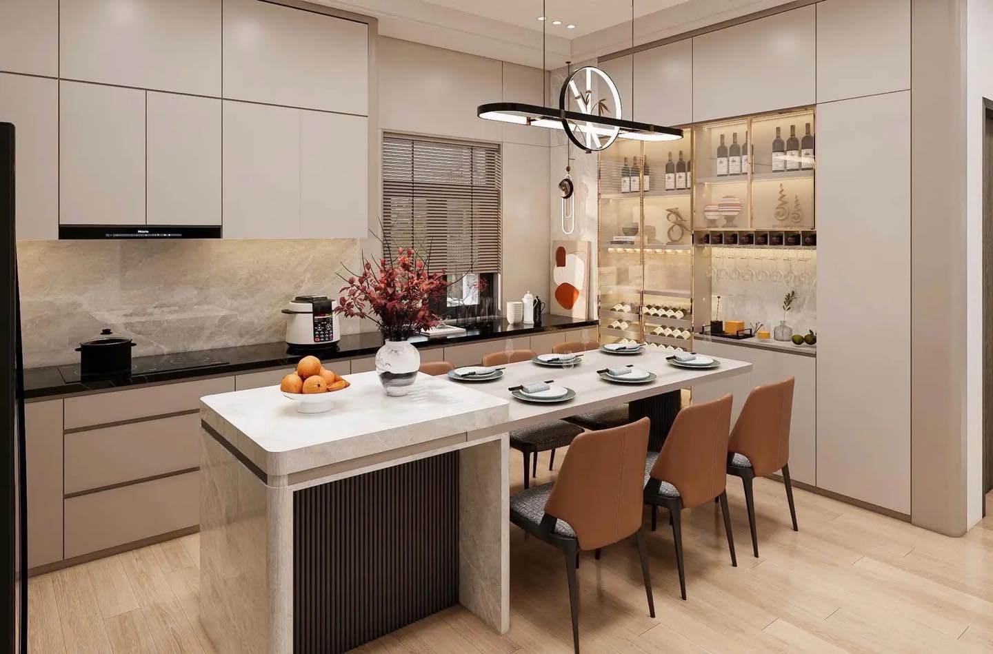 Khu bếp và bàn đảo nội thất đồng bộ